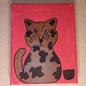Handpainted Brown And Black Spotted Cat And A Bowl Wall Decor 8x10"